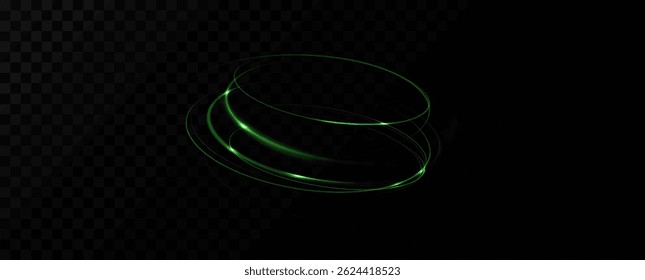 Green Light Ellipse with Neon Glow and Speed Motion Lines. Round Glowing Circle Frame, Abstract Light Trails, Dynamic Futuristic Streak Effect on Transparent Background.