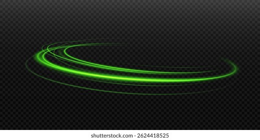 Green Light Ellipse with Neon Glow and Speed Motion Lines. Round Glowing Circle Frame, Abstract Light Trails, Dynamic Futuristic Streak Effect on Transparent Background.