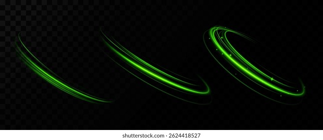 Green Light Ellipse with Neon Glow and Speed Motion Lines. Round Glowing Circle Frame, Abstract Light Trails, Dynamic Futuristic Streak Effect on Transparent Background.