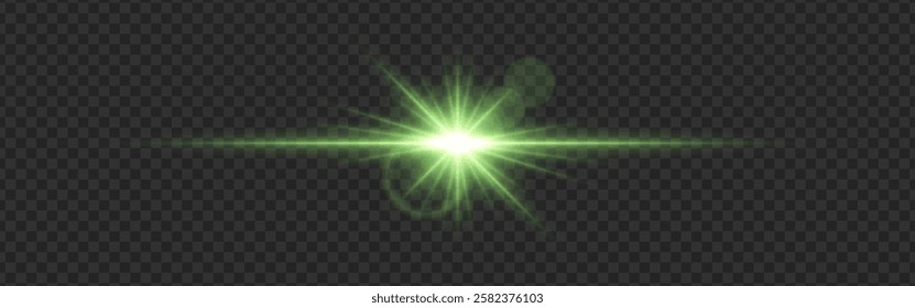 Green light flare with a bright glow and lens reflections on a transparent dark background. Radiating beams and a horizontal streak create a futuristic illumination effect