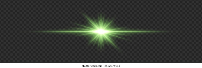 Green light flare with a bright glow and lens reflections on a transparent dark background. Radiating beams and a horizontal streak create a futuristic illumination effect