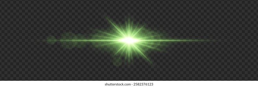 Green light flare with a bright glow and lens reflections on a transparent dark background. Radiating beams and a horizontal streak create a futuristic illumination effect