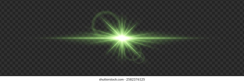 Green light flare with a bright glow and lens reflections on a transparent dark background. Radiating beams and a horizontal streak create a futuristic illumination effect