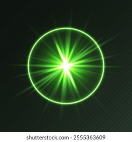 Green light flare, glowing shiny sparkle, lens flare effect, bright glimmering glare.