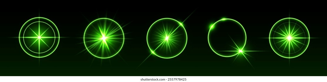 Green light flares, glowing shiny sparks, lens flare effects, bright glimmering glares.