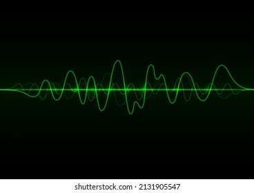 Green light frequency audio waveform on dark backdrop. Sound waves oscillating. Abstract wave voice signal technology background
