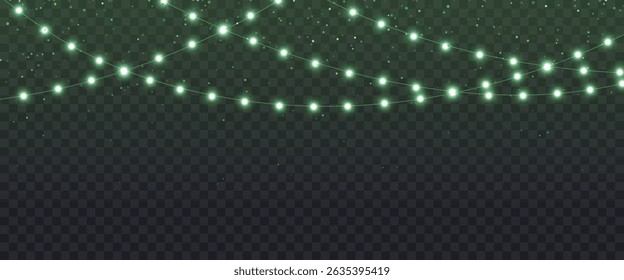 Green light garland with glitter rain for Saint Patrick day or Halloween. Abstract christmas lights with magic glow effect. Green fairy background isolated on dark, vector illustration.