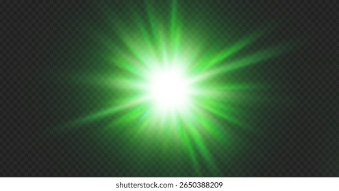 Green light glow effect with sparkle background and bright laser beam flare. Gold star spotlight and black line shine for isolated png or vector design. Neon motion graphic with brilliant bokeh flash 