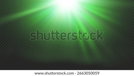 Green light glow effect with sparkle background and bright laser beam flare. Gold star spotlight and black line shine for isolated png or vector design. Neon motion graphic with brilliant bokeh flash 