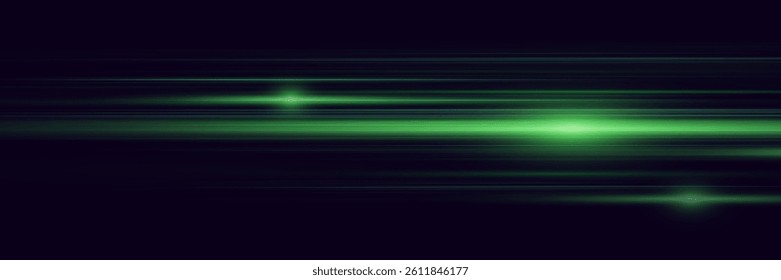 Green light horizontal lines of light. Laser beam effect.