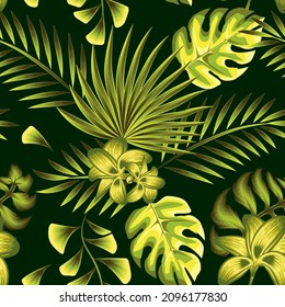 ilustración de la jungla de luz verde diseño vectorial de estilo monocromático con hojas de palma de monstera tropical y follaje abstracto de plantas florales en el fondo nocturno. imprimir textura. Fondo floral. Arte de verano