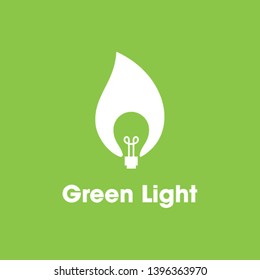 Green Light logo designs. A negative space of bulb in the shape of leaf