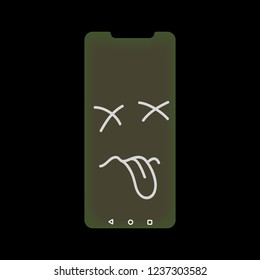 Green Light on OLED Screen Smart Phone Error In the Dark Background. Vector Illustration