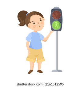 Green light for pedestrian. School kid learning traffic rules cartoon illustration. Cute children walking on street crosswalk
