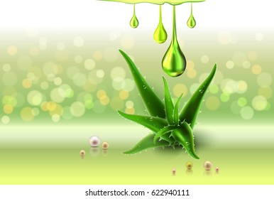 Green light shiny sparkle background and swirl bokeh light background. Aloe vera green lights, oil drops and empty place for objects. Vector illustration stock vector.