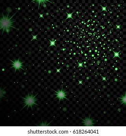 Green light stars on black transparent background. Abstract bokeh glowing design. Shine bright elements. Shiny fantasy glow in dark. Vector illustration