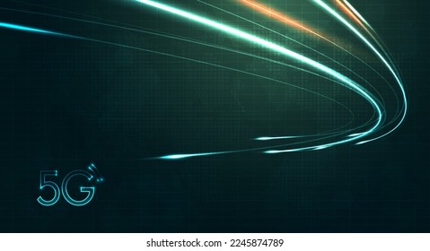 Green light streak, fiber optic, speed line, futuristic background for 5g or 6g technology wireless data transmission, high-speed internet in abstract. internet network concept. vector design.