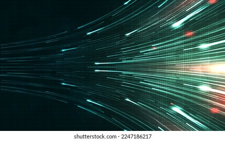 Racha de luz verde, fibra óptica, línea de velocidad, fondo futurista para transmisión inalámbrica de datos de tecnología 5g o 6g, Internet de alta velocidad en abstracto. concepto de red de internet. diseño vectorial.