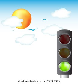 Green light of traffic light, sky background, vector illustration