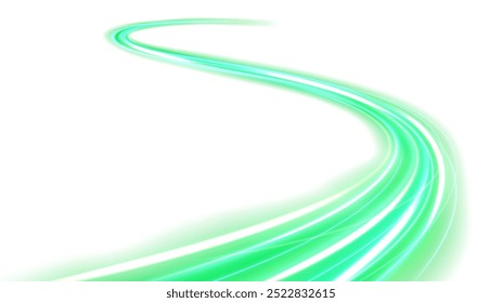 Green Light Trails, Isolated on White Background, Vector Illustration