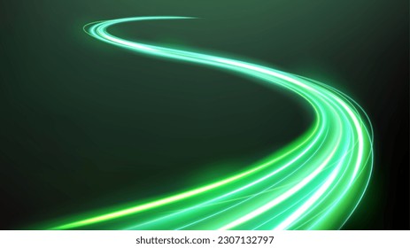 Green Light Trails, Long Time Exposure Motion Blur Effect. Vector Illustration