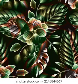 plantas de monstera tropical de luz verde y follaje de palma sin fisuras en el fondo nocturno. patrón de flores. decorativo de la naturaleza. fondo de pantalla tropical. patrón de fondo de jungla. Diseño de verano exótico