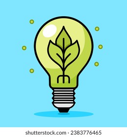 Green lightbulb icon with leaves on blue background, symbol of green energy. Vector isolated minimalistic illustration.