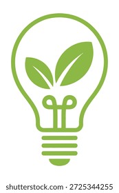 Un icono de bombilla verde con dos hojas que brotan del filamento, simbolizando la energía verde y la innovación.