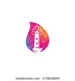 Green lighthouse drop shape concept logo template design. Leaf and Lighthouse Logo Template