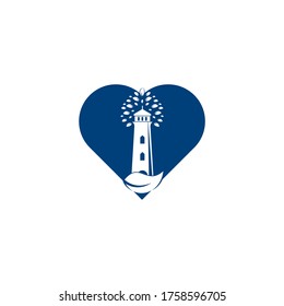 Diseño del logotipo del concepto de forma de corazón del faro verde. Plantilla de logotipo de hojas y faro