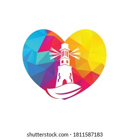 Green lighthouse heart shape concept logo template design. Leaf and Lighthouse Logo Template.