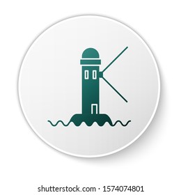 Green Lighthouse icon isolated on white background. White circle button. Vector Illustration