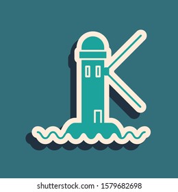 Green Lighthouse icon isolated on blue background. Long shadow style. Vector Illustration