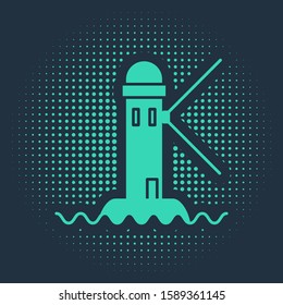 Green Lighthouse icon isolated on blue background. Abstract circle random dots. Vector Illustration