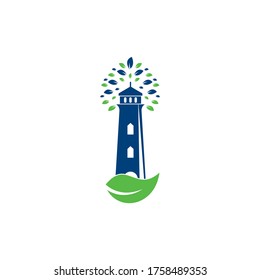 Green lighthouse logo template design. Leaf and Lighthouse Logo Template
