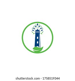 Diseño de la plantilla del logotipo del faro verde. Plantilla de logotipo de hojas y faro