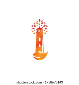 Green lighthouse logo template design. Leaf and Lighthouse Logo Template