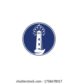 Diseño de la plantilla del logotipo del faro verde. Plantilla de logotipo de hojas y faro