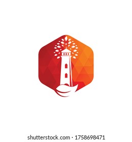 Diseño de la plantilla del logotipo del faro verde. Plantilla de logotipo de hojas y faro