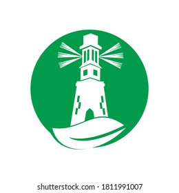 Green lighthouse logo template design. Leaf and Lighthouse Logo Template.