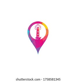 Green lighthouse map pin shape concept logo template design. Leaf and Lighthouse Logo Template