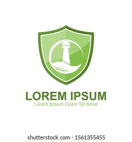 Green lighthouse shield logo template. Can be used for personal or corporate business in the Coastal area.