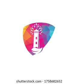 Green lighthouse shield shape concept logo template design. Leaf and Lighthouse Logo Template