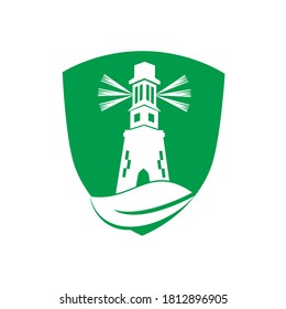 Green lighthouse shield shape concept logo template design. Leaf and Lighthouse Logo Template.