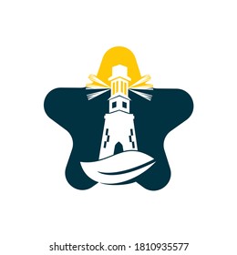 Green lighthouse star shape concept logo template design. Leaf and Lighthouse Logo Template.