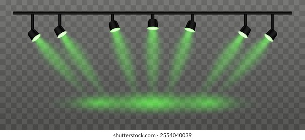 Green lighting set projector. Multiple spotlights, angled beams, warm glow, ceiling-mounted fixtures, stage illumination, event setup, contemporary design, interior lighting, electric decor