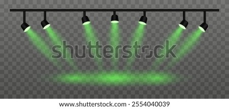 Green lighting set projector. Multiple spotlights, angled beams, warm glow, ceiling-mounted fixtures, stage illumination, event setup, contemporary design, interior lighting, electric decor