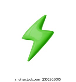 Green lightning 3d icon. Concept green sustainable energy, renewable power . Electric sign and eco design element. Green speed arrow in cartoon style. Vector illustration