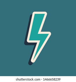Green Lightning bolt icon isolated on blue background. Flash icon. Charge flash icon. Thunder bolt. Lighting strike. Long shadow style. Vector Illustration