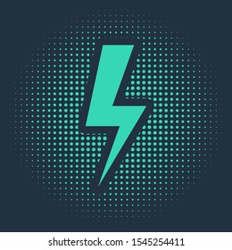 Green Lightning bolt icon isolated on blue background. Flash icon. Charge flash icon. Thunder bolt. Lighting strike. Abstract circle random dots. Vector Illustration
